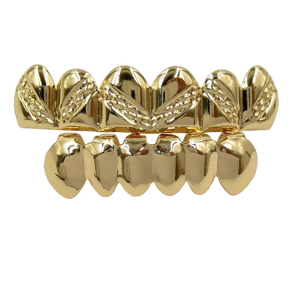 Wholesale Glossy Hip Hop Grillz Gold Diagonal Brushed Engraved Top Bottom Removable Rapper Copper Teeth Dropshipping