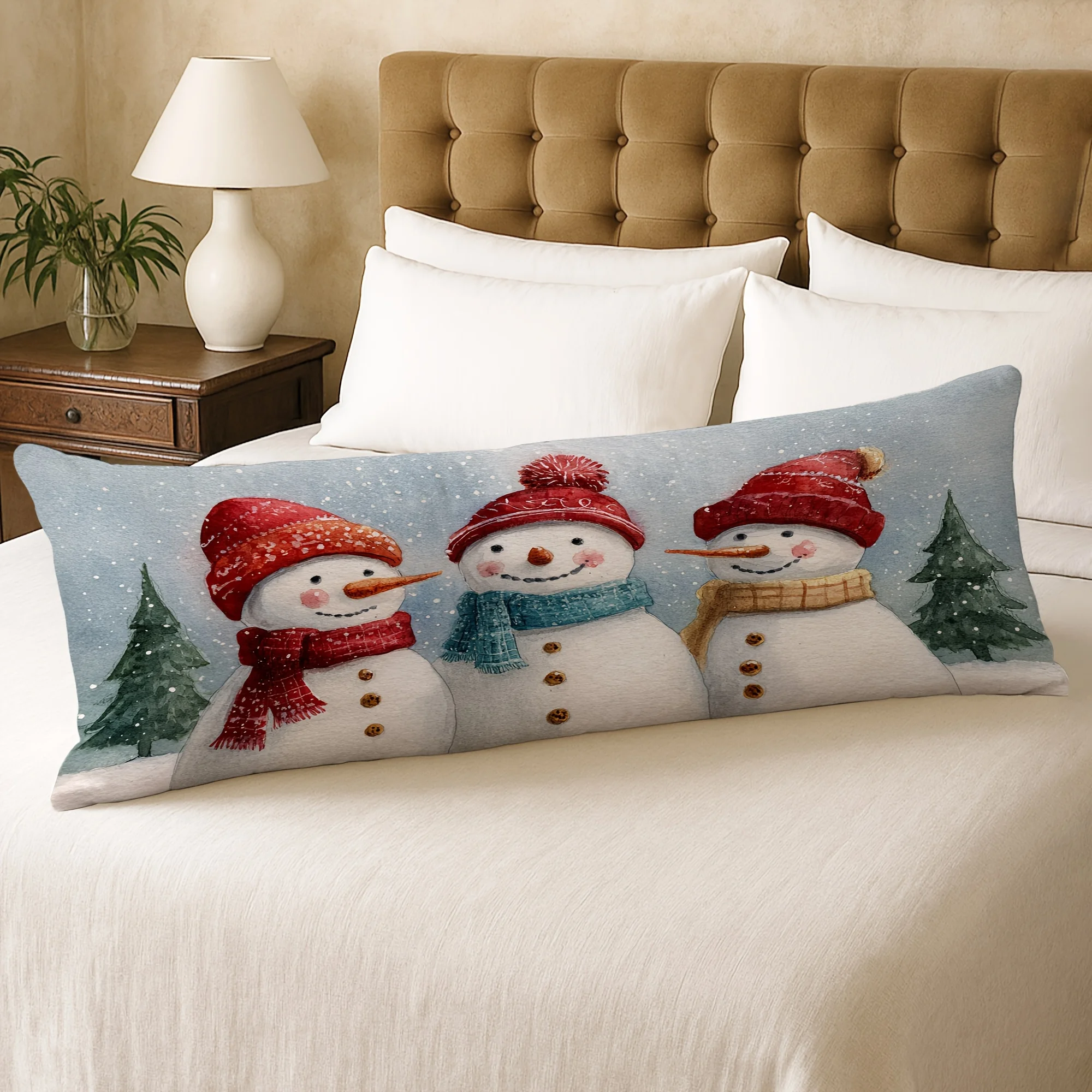 1pc Body Pillow Cover Christmas Decoration Natural Cozy Snowman Pine Tree Snowflakes 20*54 Inches Suitable for Living Room Bedro