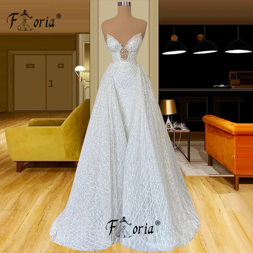 White Mermaid Wedding Dress with Detachable Train Pearls Beaded Wedding Gowns Luxury Sleeveless Vestido Blanco Brides Dresses