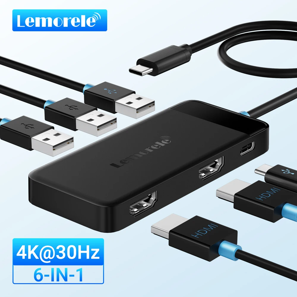 Lemorele Hub USB C 6 en 1, Estación de Conexión 4K, HDMI Dual, DP 4K para Laptop, MacBook, Dell, HP, 100W PD, USB 3.0, Adaptador Multimonitor