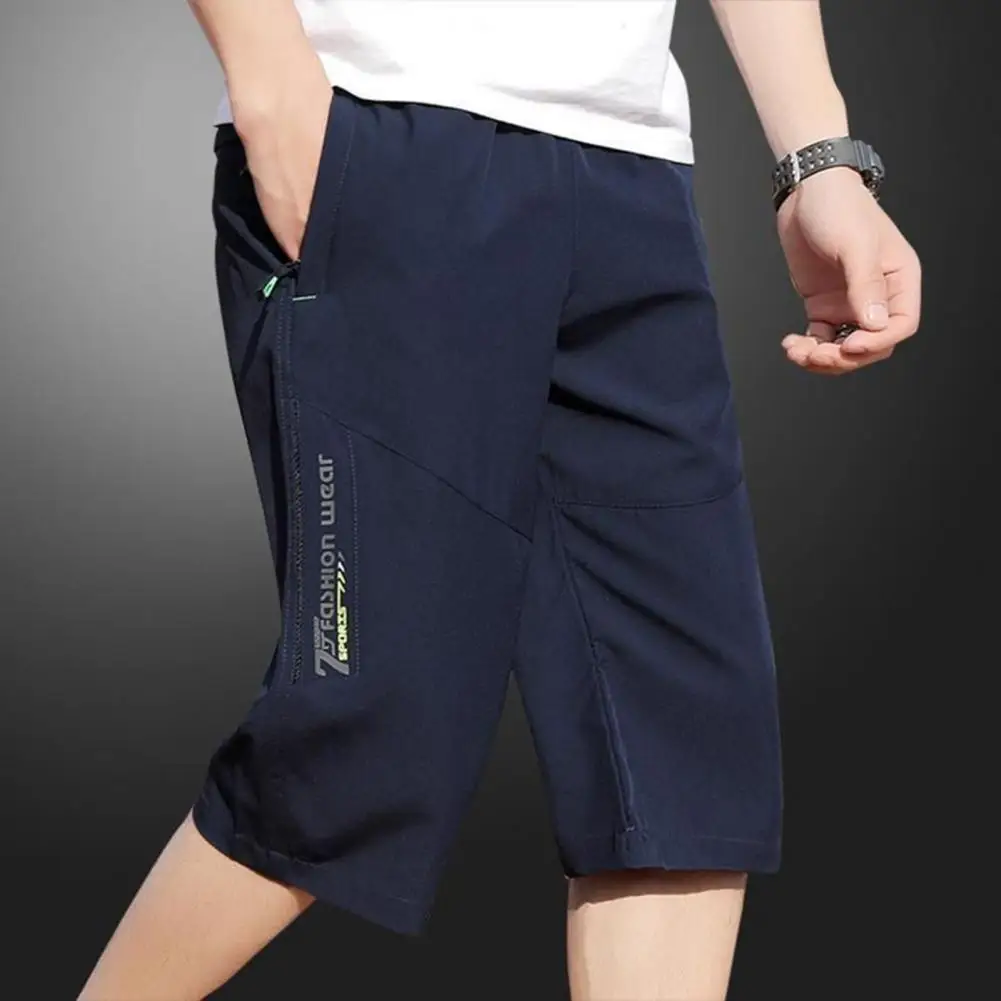 Men Calf-length Pants Breathable Mid-calf Length Men\'s Cropped Pants with Elastic Waist Zipper Pockets Soft Ice for Comfortable