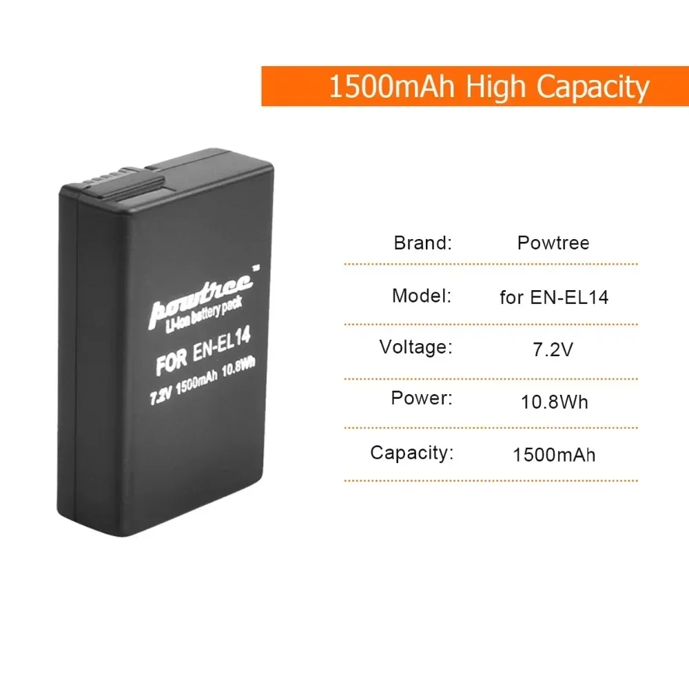 1500mAh EN-EL14 EN EL14 Li-ion Camera Battery LED USB Charger for Nikon D3100 D3200 D3300 Rechargeable Battery for Nikon 7.2V