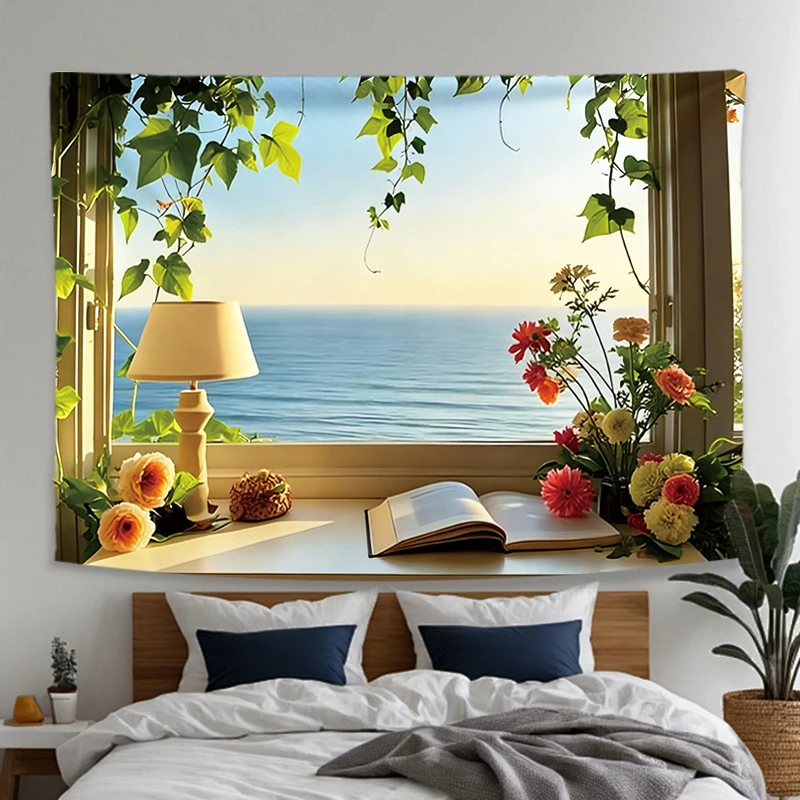 VIKAMA Window Sea View Tapestry Wall Hanging Book Flowers Lamp Cozy Coastal Morning Aesthetic Wall Art Bedroom Dorm Decor