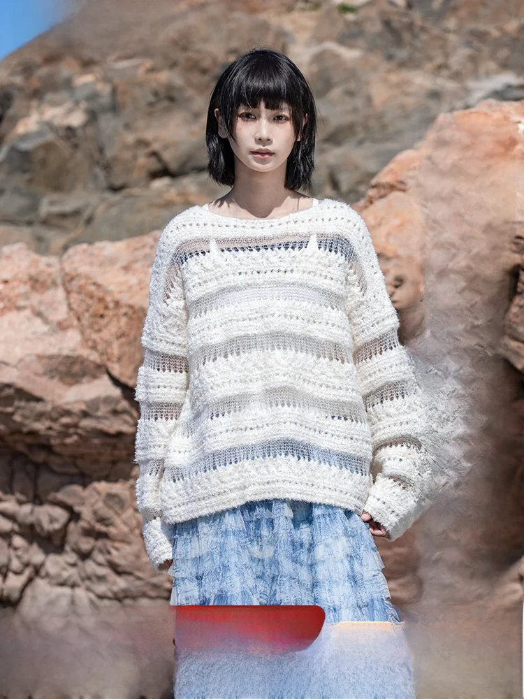 

Paster Series Early Girl Sáoé Japanese Stripe Texture Hollow Loose Overhead Sweater Knitted Long Sve round Ne Warmth Fem...