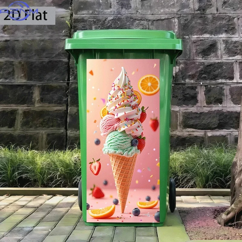 2D Flat Printing 1pc Trash Can Sticker , Colorful Ice Cream Cone Feast Themed Design, Self-Adhesive Kitchen Trash Can Decorati