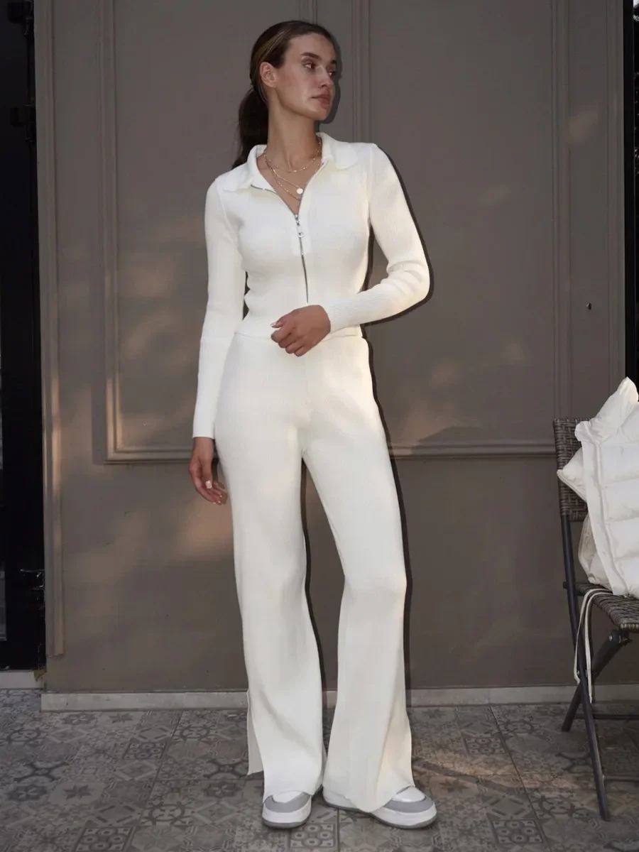 Blubelle Damen-Set, neuer Herbst-Winter, gerippter Strick, geteilter Saum, kurze Strickjacke, weites Bein, Hosen-Set, Retro-Reißverschluss, schmale Passform, modische Sets