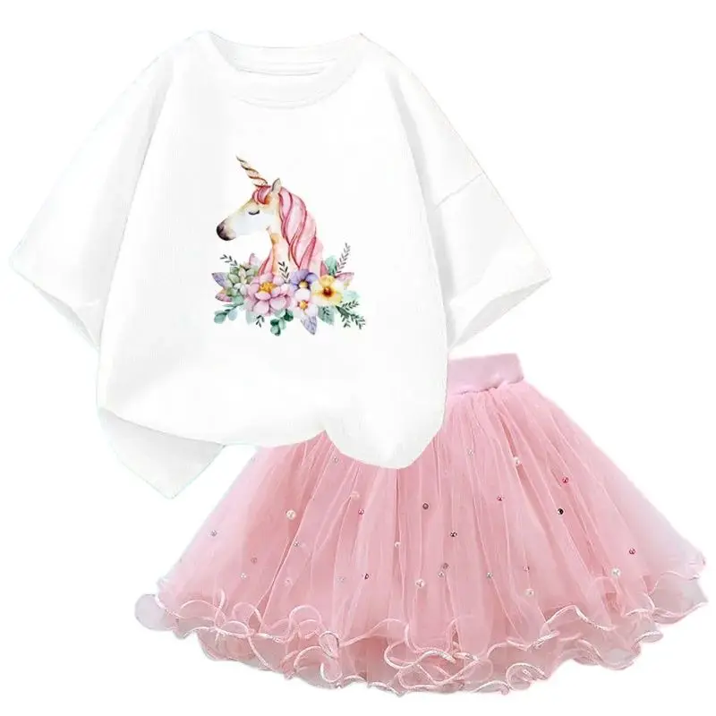 2024 Summer Cute Cartoon Unicorn Print Suits Short-sleeved T-shirt and Tulle Skirt 2Pcs Sets Baby Girls Party Clothes Outfits