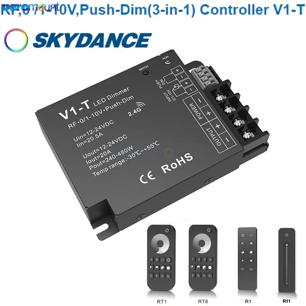 Skydance V1-T DC12V-24V LED-Dimmer RF-Funkfernbedienung Push Dim 0/1-10V 3-in-1-Einfarbstreifen-Lichtsteuerung