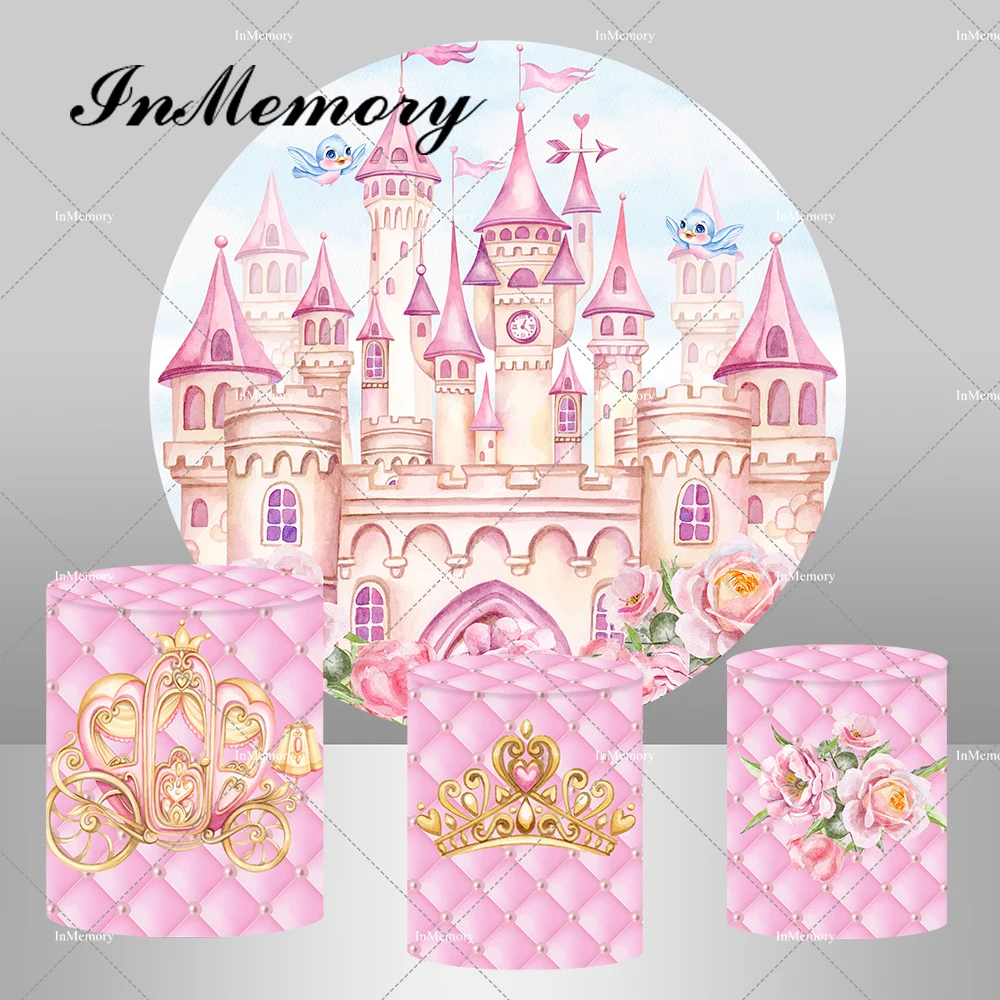 Princess Castle Round Backdrop Cover for Girls Baby Shower Birthday Party Decor Crown Carriage Pink Plinth Covers Elastic