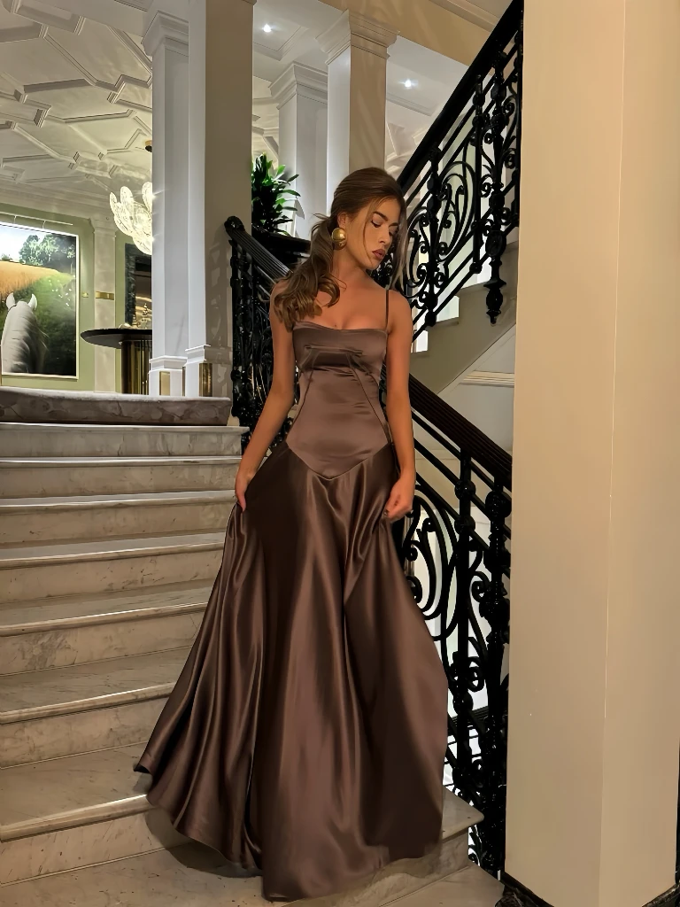 فساتين سهرة بنية راقية على الطراز الفرنسي بحزام سباغيتي حورية البحر للنساء للتخسيس والولائم والعطلات فستان طويل لحفلات الكوكتيل
