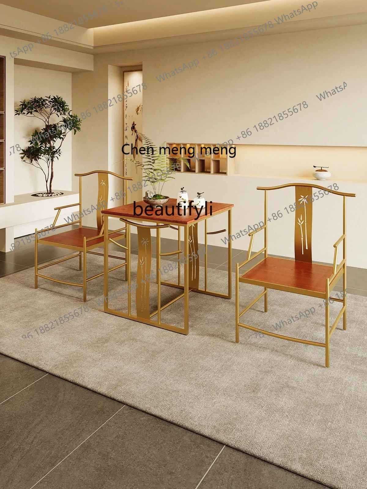 xx1New Chinese-style official hat chair three-piece set, solid wood, hotel bed and breakfast armchair, wrought iron zen