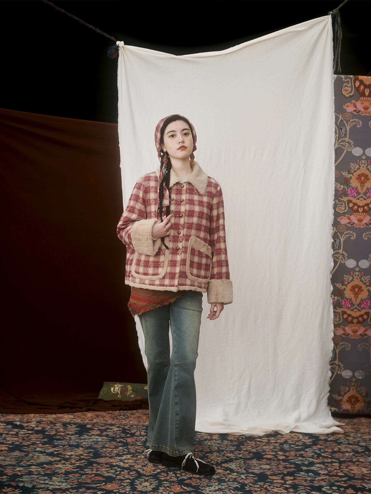 

Quilted Cotton Winter Jaet for Women with Lamb Fur Collar Retro Briti College Sle Diamond Pattern Warm Outerwear Coat