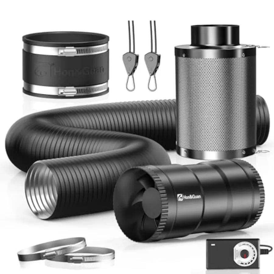 

HonandGuan " Air Filtration Kit: Inline Duct Fan with Speed Controller 10" High Carbon Filter Feet Ductg and Rubber Coupler Ven