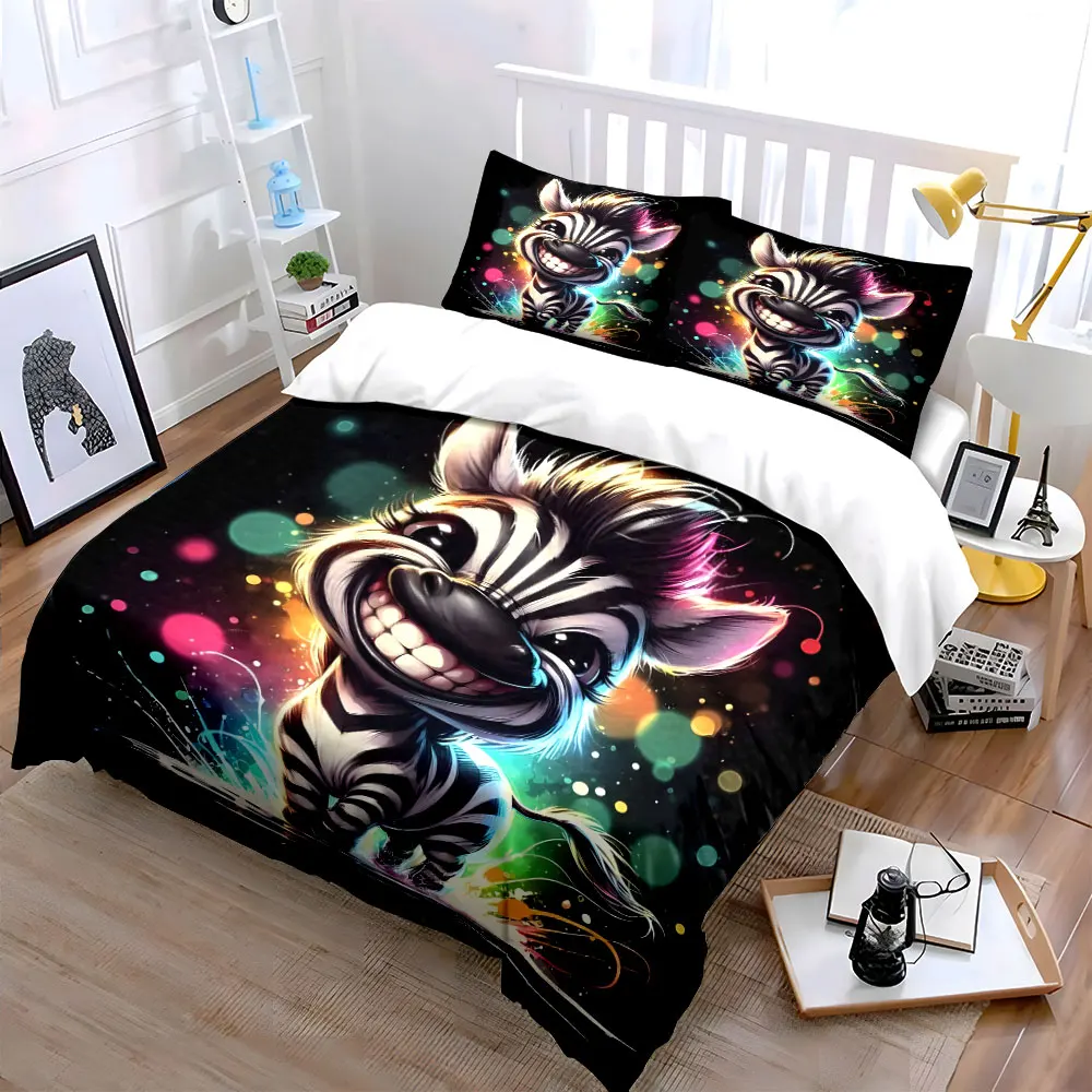 Cartoon zebra with colorful background Print Bedding Set 1 Duvet Cover 2 Pillowcases for Adult and Children Luxury Gift