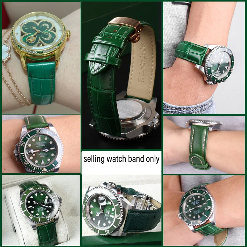 High Quality Bamboo Pattern soft cowhide watch Strap 16mm 18mm 20mm 22mm Men and women folding buckle green Waterproof watchband