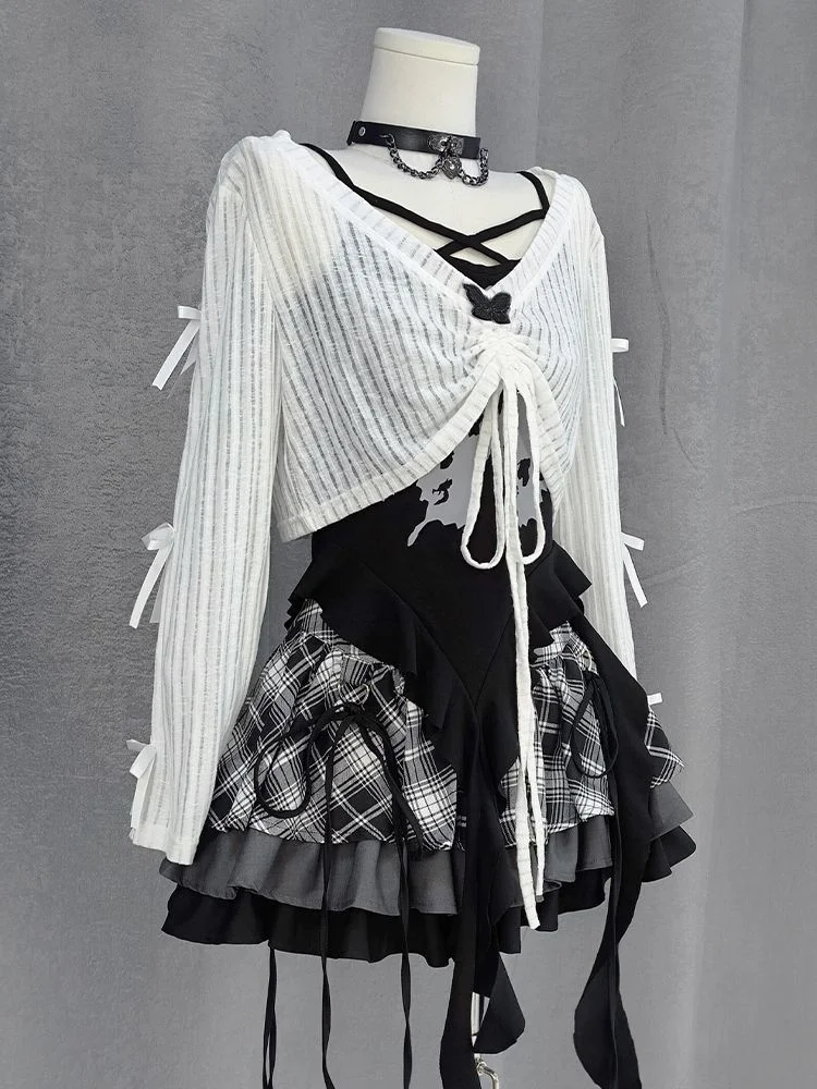 Set tre pezzi sottile gotico giapponese sottocultura estiva design punk grembiule irregolare Y2k bretella plaid gonna gonfia vestito 2025 nuovo