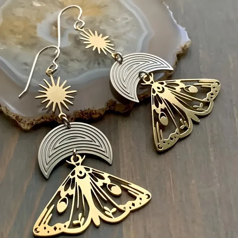 أقراط العثة، مجوهرات بوهيمية، حشرات، شمس، قمر، خرز أسود، تجهيزات نحاسية، فراشات، عثة مجوفة، خطافات أذن للنساء #3