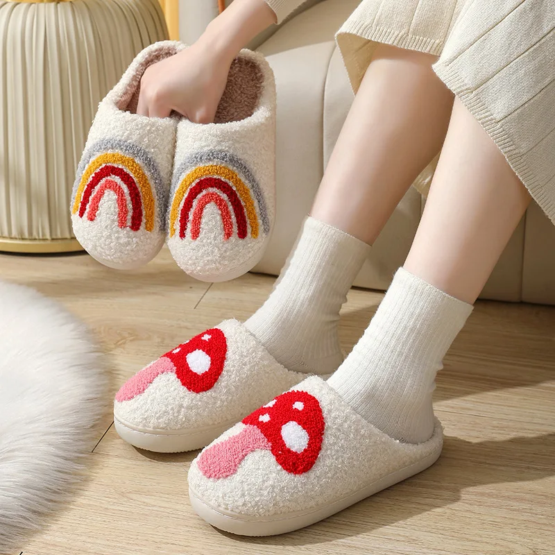 Christmas Elk Cotton Slippers for Women Winter Cute Rainbow Strawberry Shoe Home Non Slip Couple Floor Slides Indoor Plush Shoes