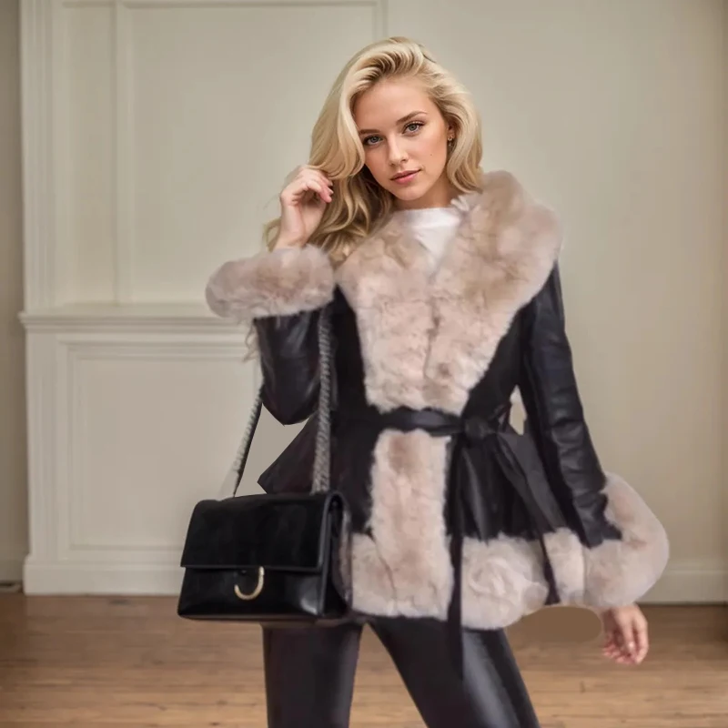 Cappotto in pelle PU premium Cintura con cravatta alla moda Vita alta Cappotti corti in pelle PU Streetwear Tasche con cintura a punto aperto Giacca a maniche lunghe