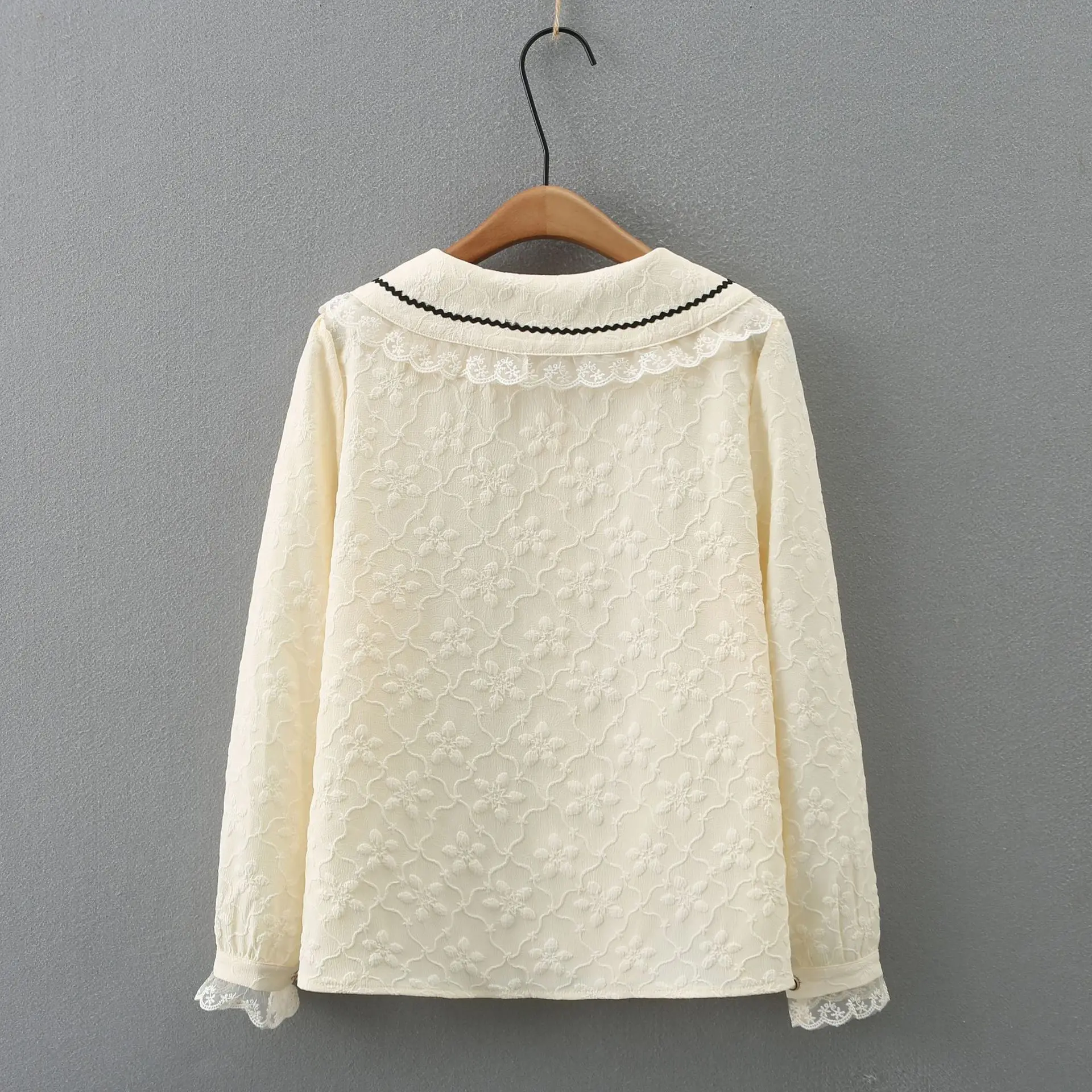 Camisa de encaje con cuello Peter Pan para mujer, ropa informal de talla grande, blusas de manga abombada, Tops F33 66155
