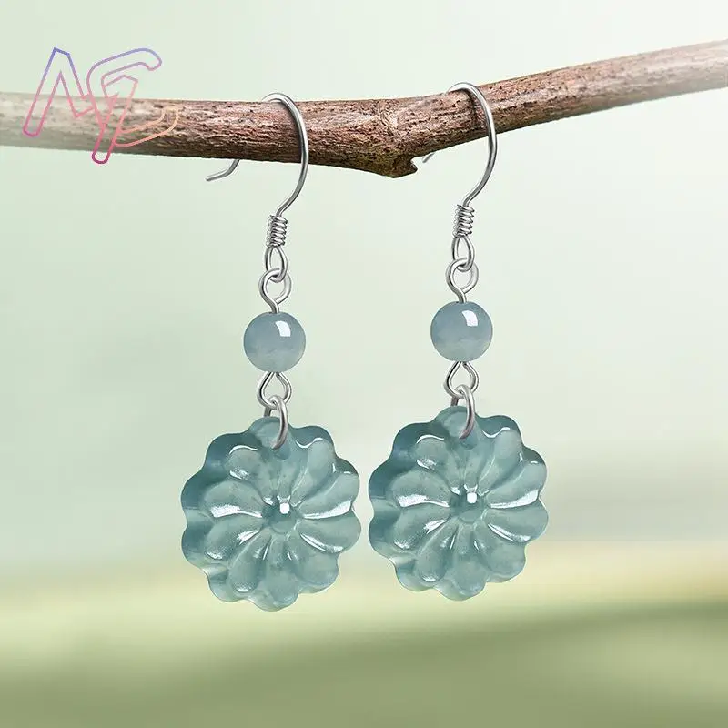 Grade A Myanmar Jadeite Flower Earrings Real Jade 925 Silver Fashion Accessories Vintage Natural Jewelry Energy Gifts for Women 2