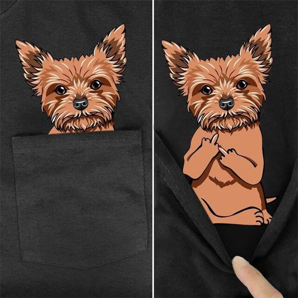 

CLOOCL 100% Cotton T-shirt Brands Pet Dog Yorkshire Terrier with Middle Finger Pocket Casual Tees Funny Black Tops Drop Shipping