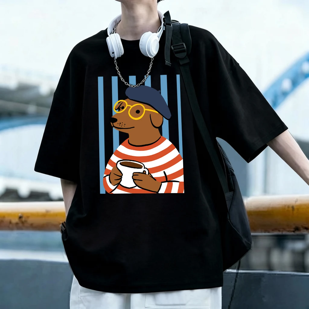 Dachshund Dog Coffee Cup Pattern Basic T Shirt Men Summer Casual Sportswear Soft Oversized Clothes Cotton All-Match T-Shirts