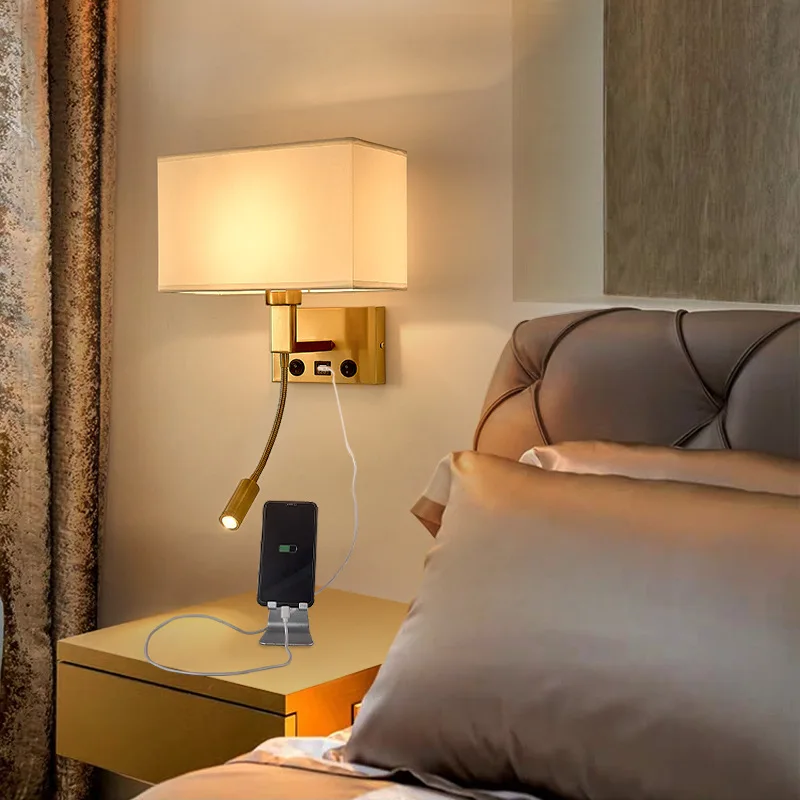 

American Style Retro Living Room Hotel Fabric Cover Wall Lamp Usb with Switch Bedroom Bedhead Reading Wall Sconces Decor Light