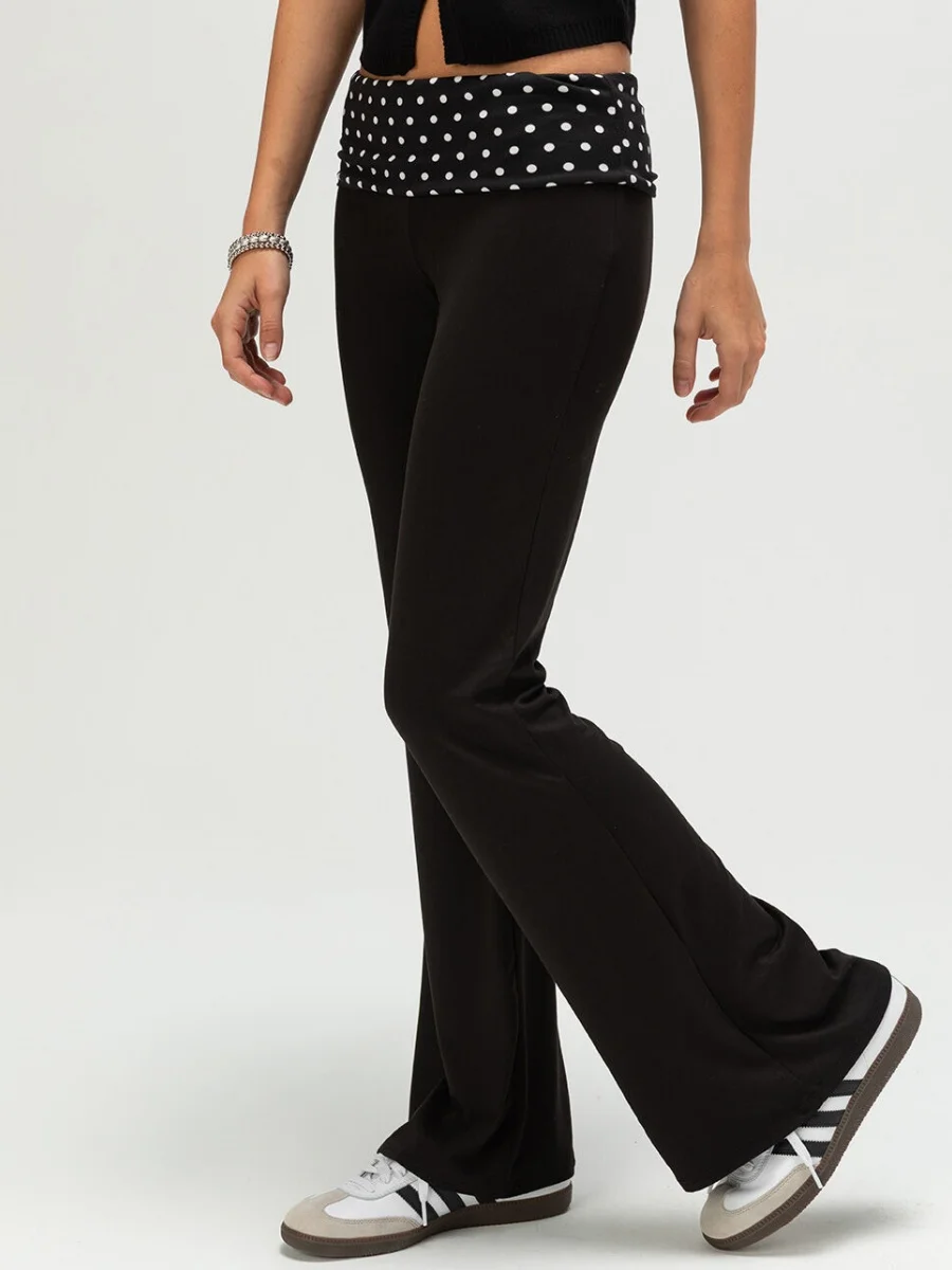 レディース水玉模様折り返しウエストバンドフレアパンツ伸縮性ローウエストワイドレッグレギンスベルボトムスウェットパンツ