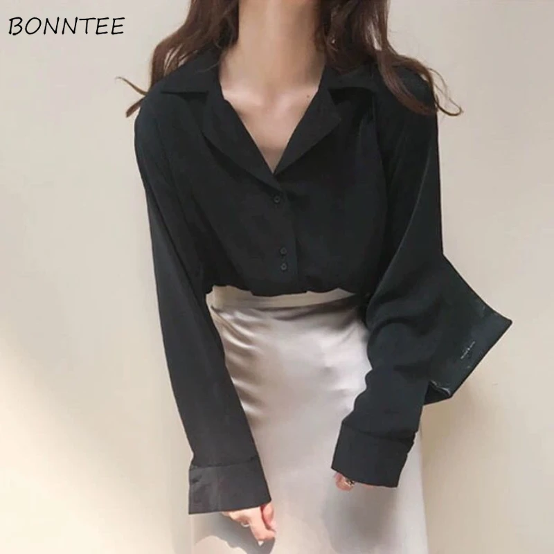 Black Long Sleeve Shirts Women Clothing Fashion Camisas Temper Office Lady Pure Color Korean Elegant Casual  Minimalist