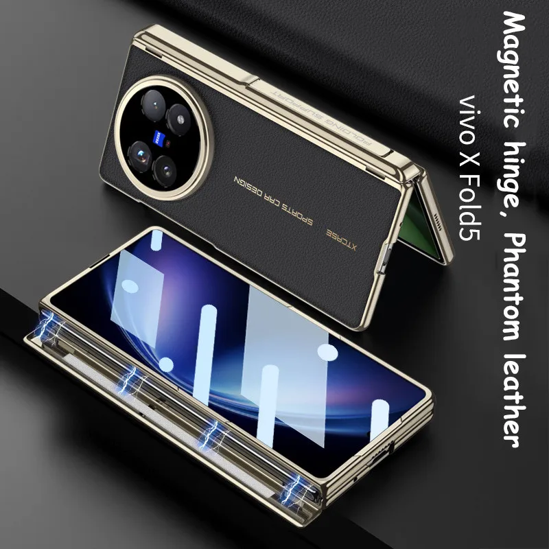 

Plated Gold Frame Leather Hinge bracket Supports Built-in Magnetic Ring Glass Case For VIVO X Fold 5 fold5 5G Lens Protect Cover