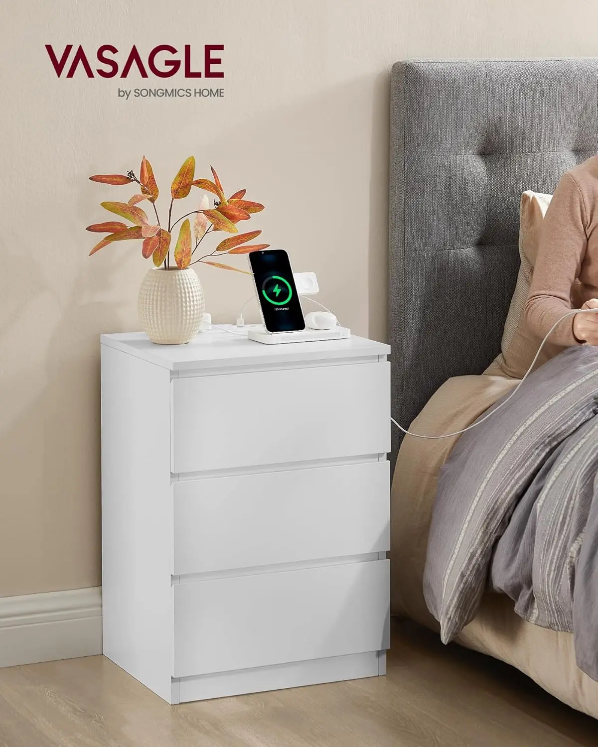 Vasagle Nightstand With Charging Station, 2 Ac Outlets And 2 Usb Ports, Bedside Table, Side Table With 3 Drawers, Modern Style,