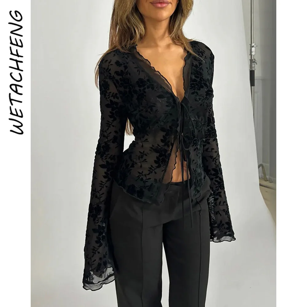 

Fashionable Sexy Chiffon Black Floral Lace Blouses Women Pleated Flared Long sleeve Mesh Transparent Top Shirts Clothes Summer