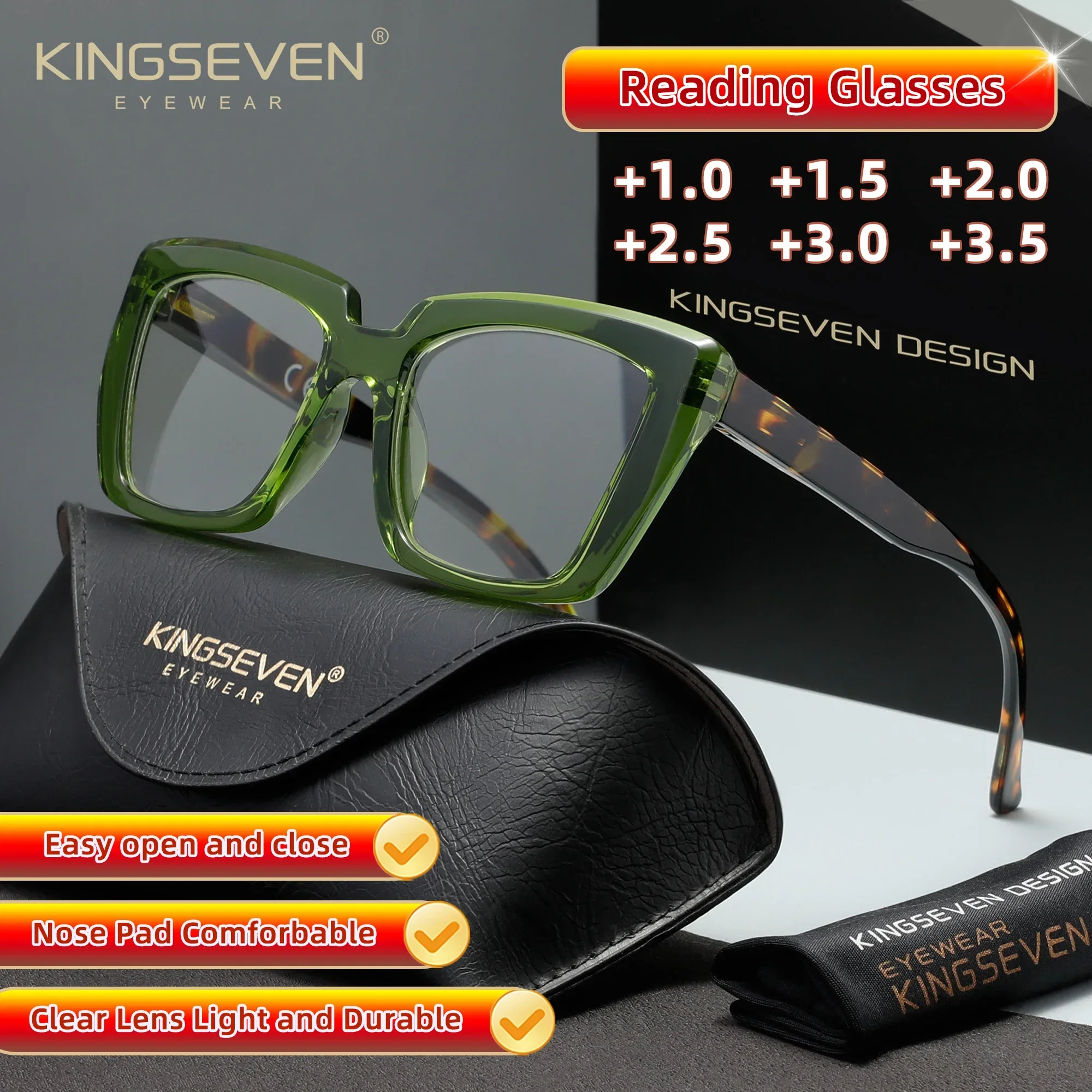 KINGSEVEN Dicke quadratische Lesebrille mit Sehstärke, für Weitsichtigkeit, modische Damen-Cat-Eye-Brille mit optischen Gläsern 1,0~3,5, Presbyopie-Brille