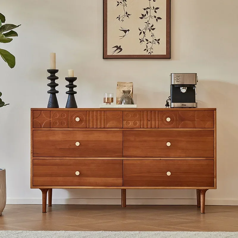 French retro solid wood chest, living room dining side porch side cabinet against the wall, medieval carved six buckets