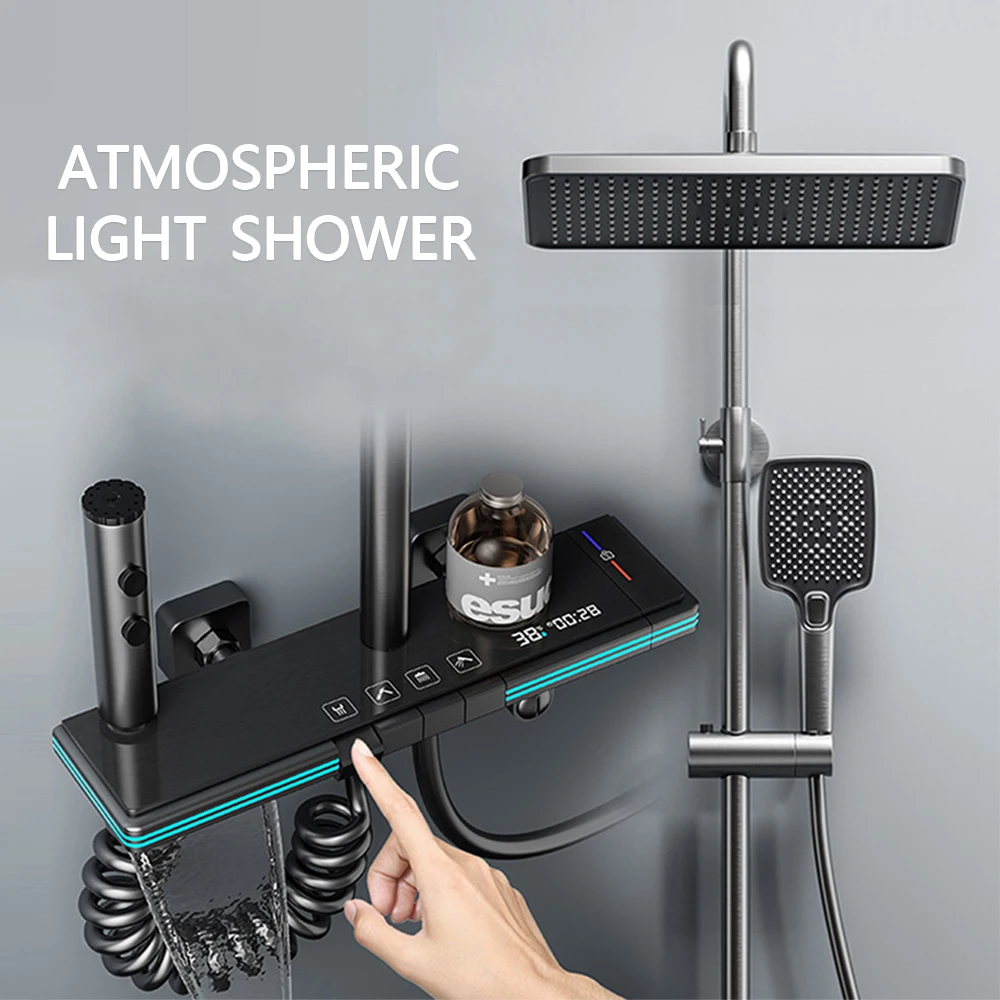 

Double atmosphere light digital display thermostatic shower set household gun gray milk white piano key bathroom shower system