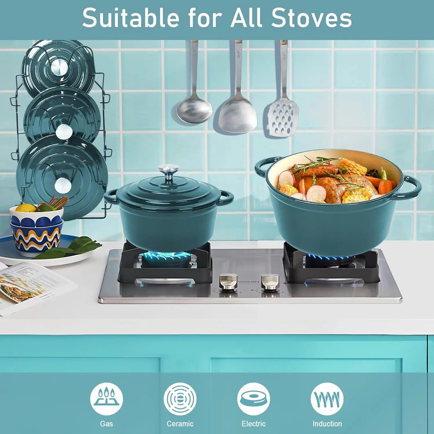 Enameled Cast Iron Dutch Oven- 9 Pieces Nonstick Cookware for Braising, Stews, Roasting, Bread Baking, Cooking Pot Oven Safe & C