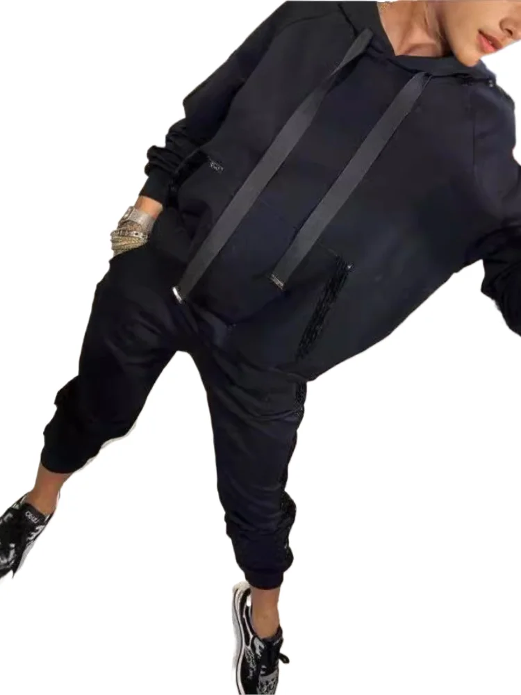 

Women's Casual Solid Color Sports Clothing Set Fashion Sequin Patchwork Hoodie Trousers Two Piece Sets Temperament Female New