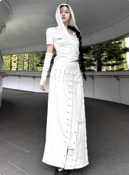 3xl primavera verão branco europeu americano sexy emenda divisão saia meninas moda cintura alta a linha versátil rua saias longas