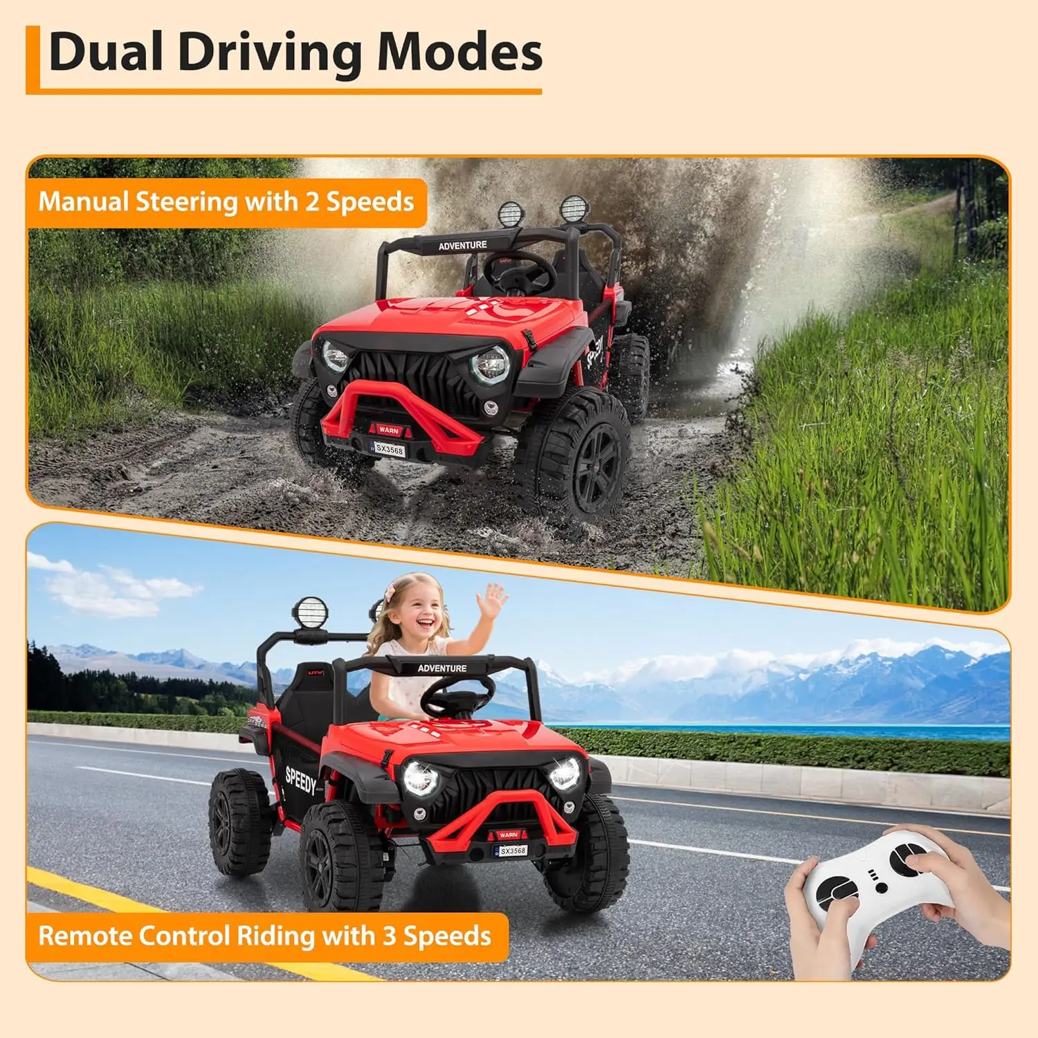 24V kinderpeuterrit op vrachtwagen 7AH grote batterij elektrische voertuigen met afstandsbediening 4WD, 3 snelheden LED-verlichting Bluetooth MP3