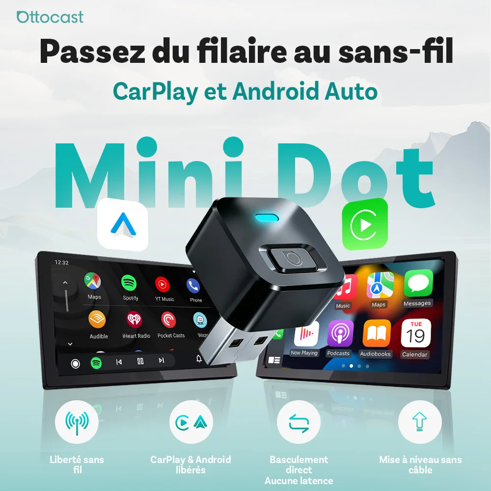 Adaptateur sans fil Ottocast Mini Dot CarPlay et Android Auto, se souvient de 2 appareils, WiFi 6 + BT 5.4, reconnexion automatique rapide, Plug & Play, Nouveauté 2026