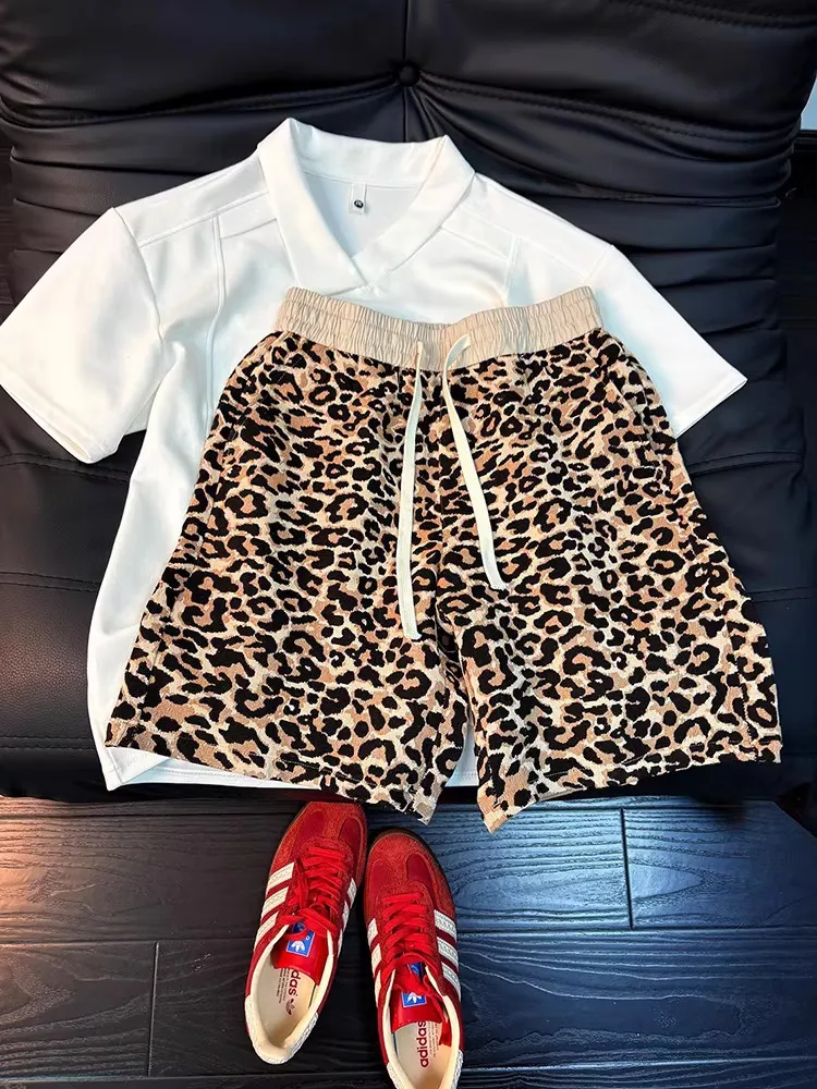 

American Vintage Leopard Pattern Knitted Short Pants Men's Summer Trendy Beachwear Loose Fit Elastic Waist Casual Shorts