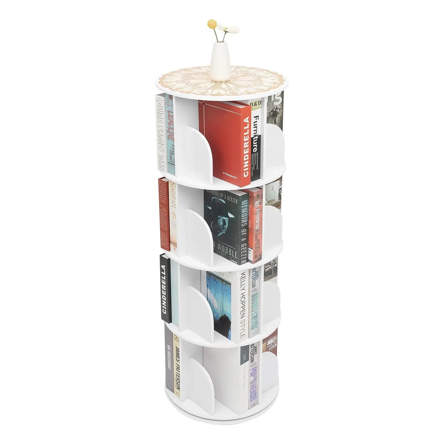 4-Tier Rotating Bookshelf 360 Revolving Round Carousel Vertical Spiral Corner Organizer Study Bedroom Living Office, Customized
