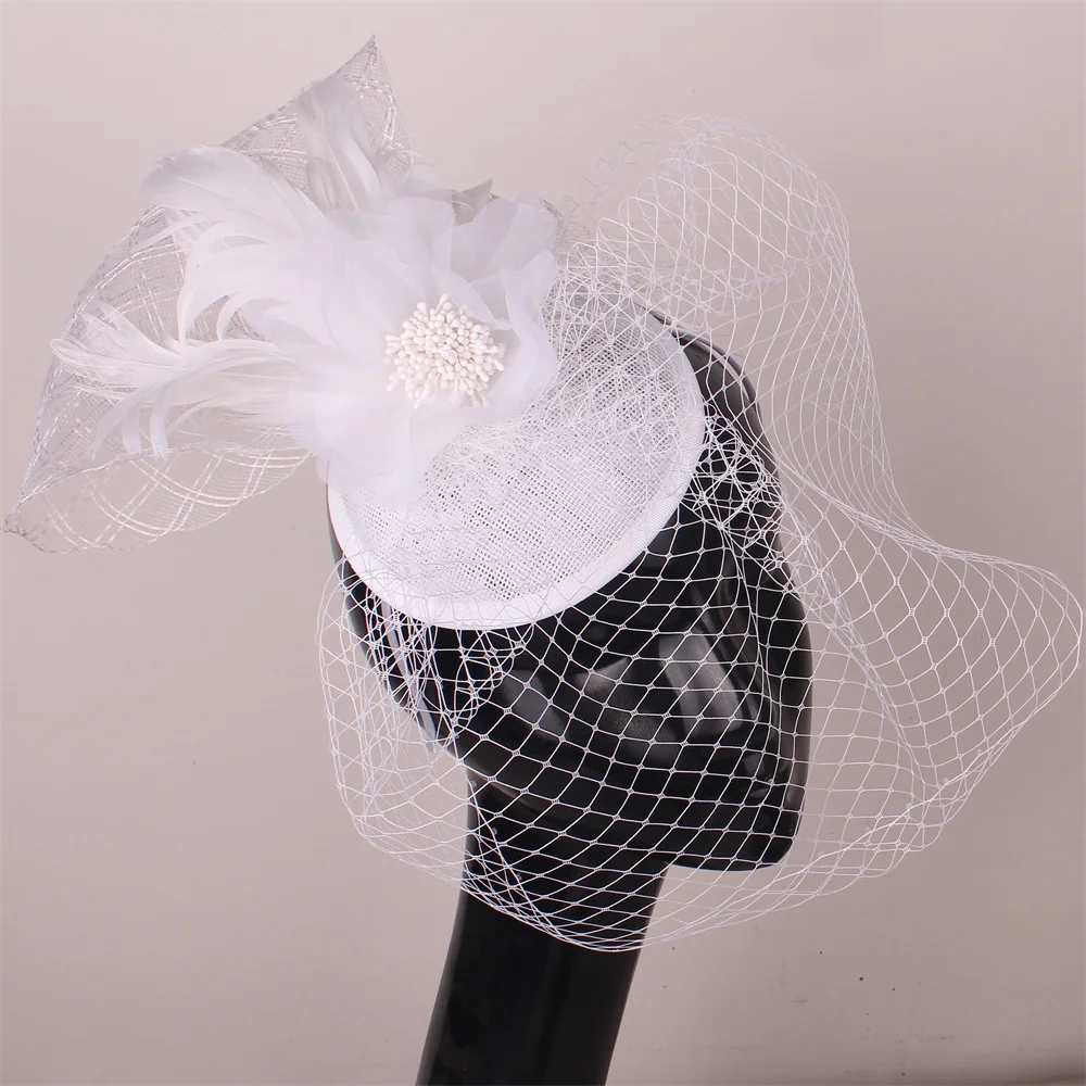 

White Fascinators Hat Ladies Wedding Face Veils Headwear Hair Clip Fancy Feather Flower Women Headpiece For Occasion Net Fedora