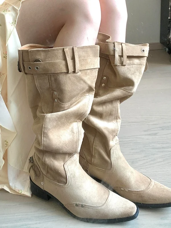 Retro Large Cylinder Velvet Long Boots Women's Pointed Toe Buckle Pleated Boot Spring Summer Autumn Winter Fashion Boot