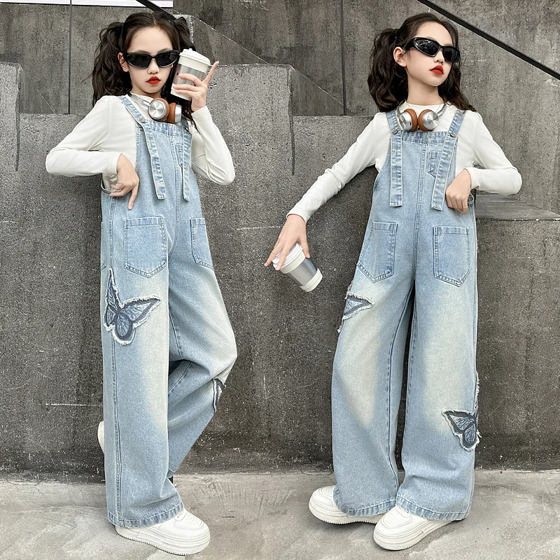 spring teenager girls overalls junior kids denim jumpsuit Sticky Butterfly Denim Strap Straight Pants 4 6 8 14 children trousers