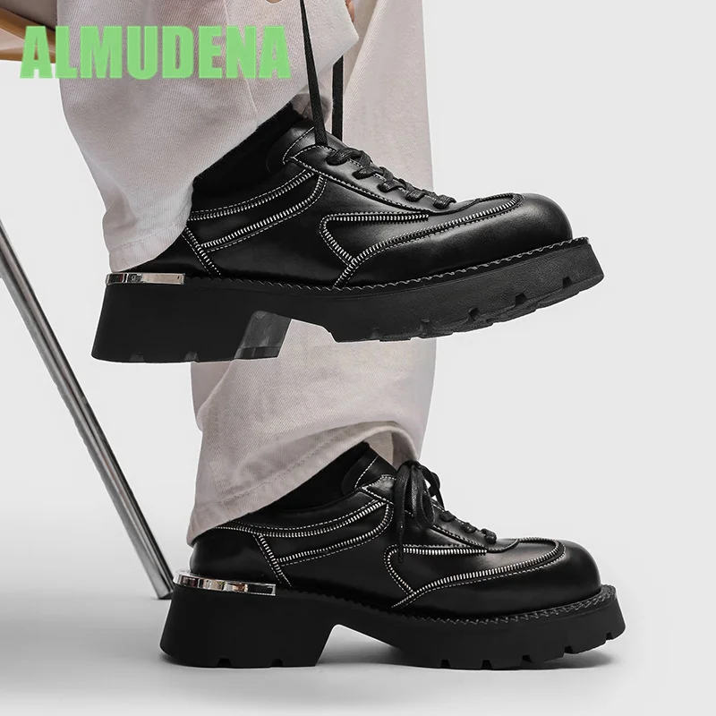 

Big Toe Thick Sole Derby Shoes Fashionable Lace Up Design Round Toe Punk Single Shoe Casual Versatile Men's Flat Shoes