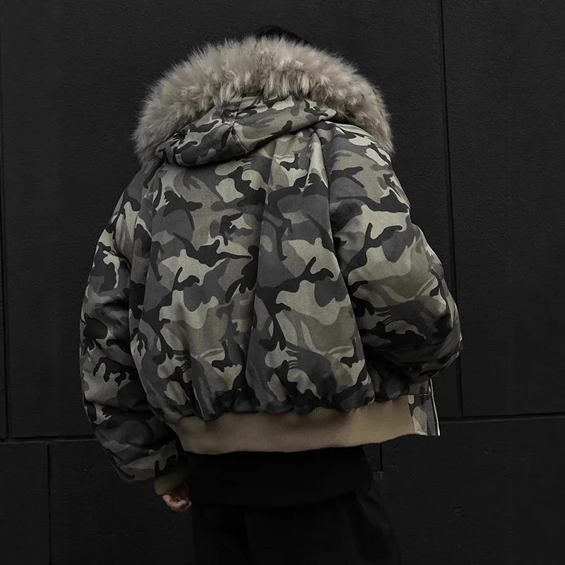 Camouflage Men Short Cotton Jacket Large Fur Collar Hooded Design Winter Thickened High Street American Style Coat Men Clothing