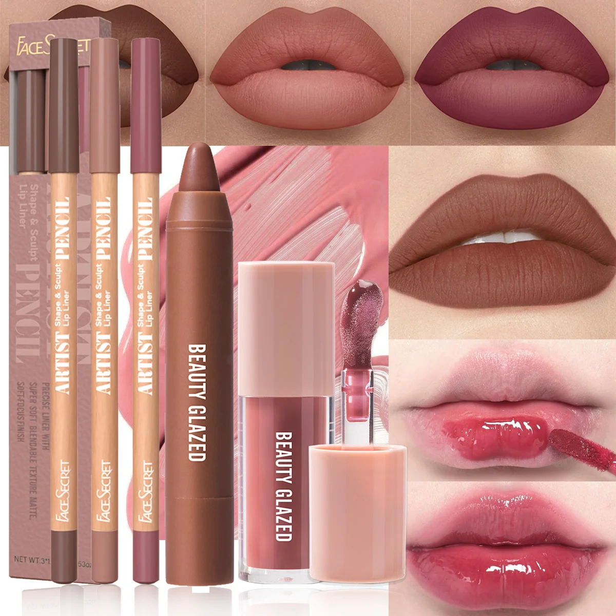 5 pezzi/set di matite per labbra in velluto opaco (confezione da 3) + rossetto + smalto per labbra nudo impermeabile a lunga durata, altamente saturo, aspetto quotidiano