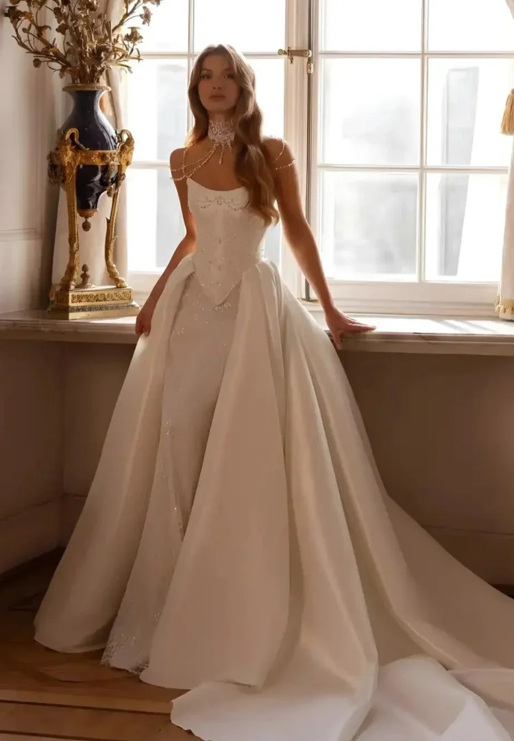 Wedding Dresses Luxury 2026 Basque Waist Dress Vestidos Feminino Elegante Para Casamento Vintage A Line Satin Robe Mariage Bride